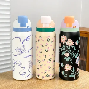 34oz Stylish Stainless Steel Water Bottle - Trendy Floral Two-Tone Design, 24Hr Hot/Cold Insulated, Leakproof Sport Lid & Handle 1