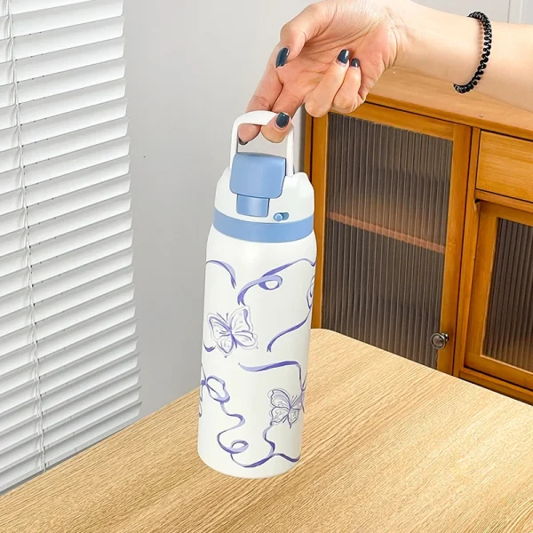 34oz Stylish Stainless Steel Water Bottle - Trendy Floral Two-Tone Design, 24Hr Hot/Cold Insulated, Leakproof Sport Lid & Handle 2