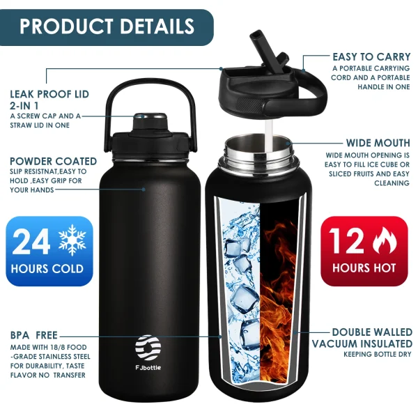 FEIJIAN Thermos Bottle with Straw Sport Stainless Steel Vacuum Flask Insulated Water Bottle with Handle Lid 950/1200ml 3
