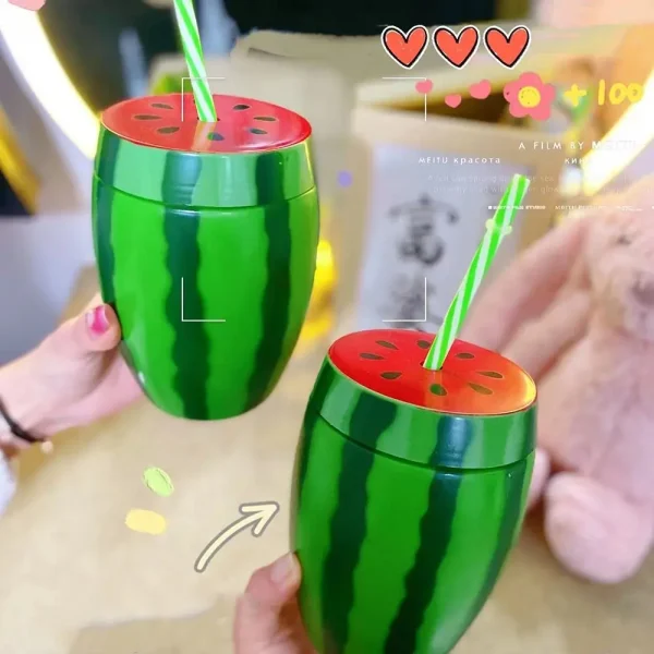 Creative Cartoon Fruit Summer Straw Cup Food Grade Plastic Strawberry Pineapple Watermelon Water Bottle Tea Milk Juice Bottle 1