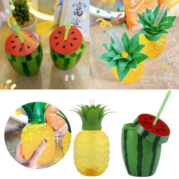 Creative Cartoon Fruit Summer Straw Cup Food Grade Plastic Strawberry Pineapple Watermelon Water Bottle Tea Milk Juice Bottle 2