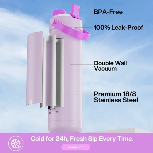 POWCAN 26oz Insulated Water Bottle With 2-In-1 Straw And Spout Lid, Keep Cold 24H, Leak-Proof, Double Wall Stainless Steel Water 2
