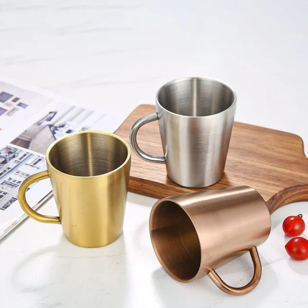 304 Stainless Steel Beer Cup Double-Layer Water Cup Home Dining Drinkware Mugs Gold Sliver Coffee Mugs With Handle 300ml 3