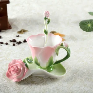 Chinese Colorful Ceramic Coffee Cup Saucer Enamel Flower Mug Wedding Gift Creative Afternoon Camellia Tea Cup Breakfast Milk Mug 1