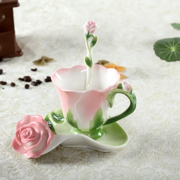 Chinese Colorful Ceramic Coffee Cup Saucer Enamel Flower Mug Wedding Gift Creative Afternoon Camellia Tea Cup Breakfast Milk Mug 1