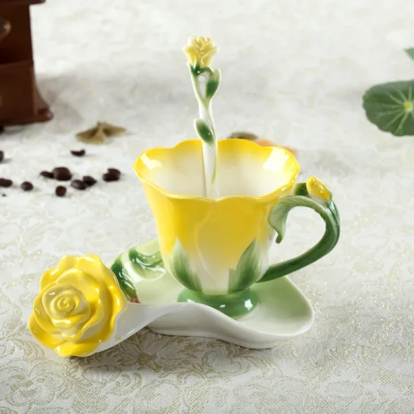 Chinese Colorful Ceramic Coffee Cup Saucer Enamel Flower Mug Wedding Gift Creative Afternoon Camellia Tea Cup Breakfast Milk Mug 3