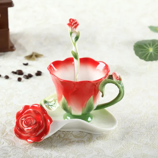 Chinese Colorful Ceramic Coffee Cup Saucer Enamel Flower Mug Wedding Gift Creative Afternoon Camellia Tea Cup Breakfast Milk Mug 4