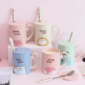 Hot Sale 450ml Cartoon Wheat Animal Mug with Lid Spoon Milk Coffee Mug for Tea Milk Travel Cup Large Capacity Kids Cup Nice Gift 1