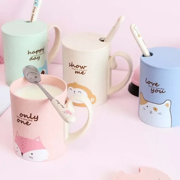 Hot Sale 450ml Cartoon Wheat Animal Mug with Lid Spoon Milk Coffee Mug for Tea Milk Travel Cup Large Capacity Kids Cup Nice Gift 2