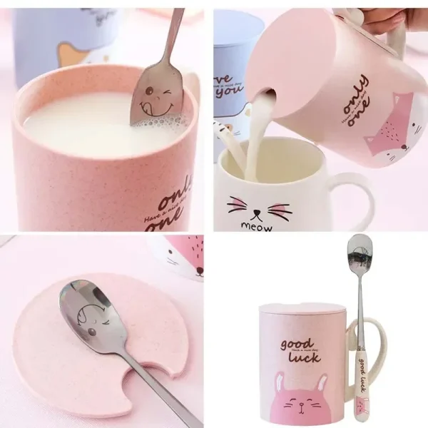 Hot Sale 450ml Cartoon Wheat Animal Mug with Lid Spoon Milk Coffee Mug for Tea Milk Travel Cup Large Capacity Kids Cup Nice Gift 4