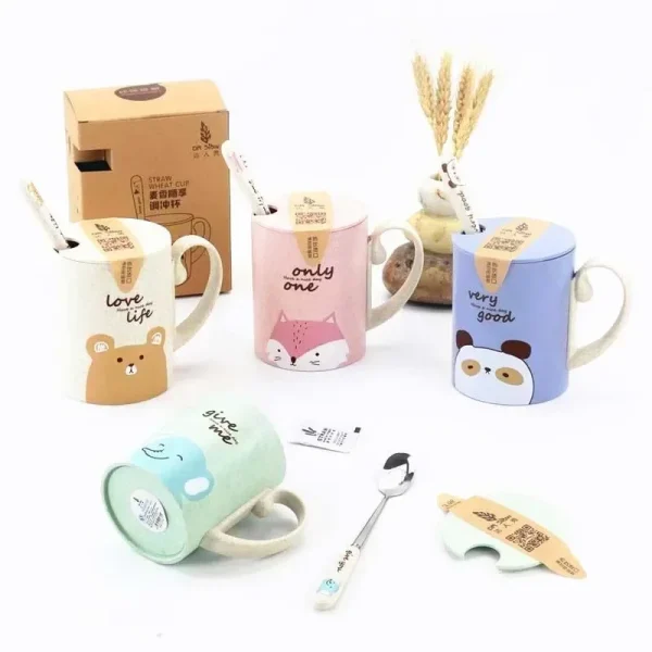 Hot Sale 450ml Cartoon Wheat Animal Mug with Lid Spoon Milk Coffee Mug for Tea Milk Travel Cup Large Capacity Kids Cup Nice Gift 5