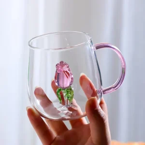 3D Rose  In Glass Cup Mug with Pink Handle High Borosilicate Heat-resistant Glass Cup Milk Coffee Glasses 1
