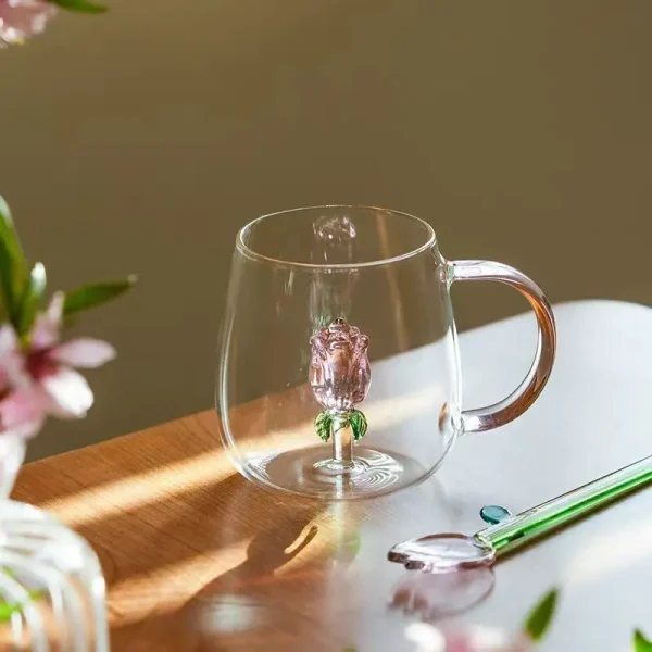 3D Rose  In Glass Cup Mug with Pink Handle High Borosilicate Heat-resistant Glass Cup Milk Coffee Glasses 2
