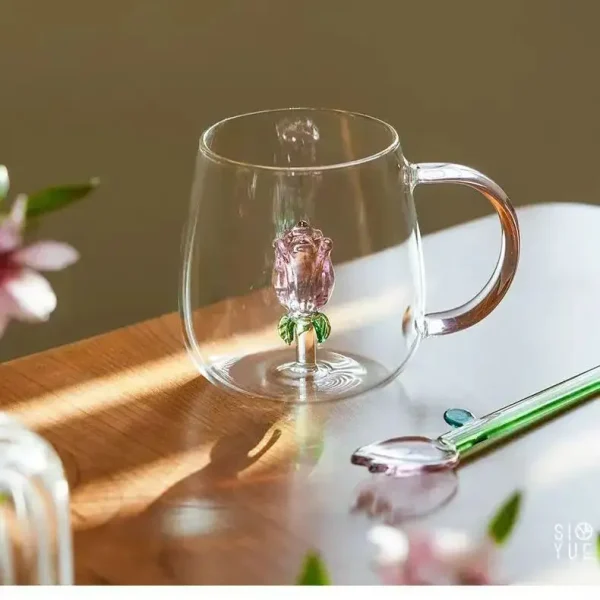 3D Rose  In Glass Cup Mug with Pink Handle High Borosilicate Heat-resistant Glass Cup Milk Coffee Glasses 3