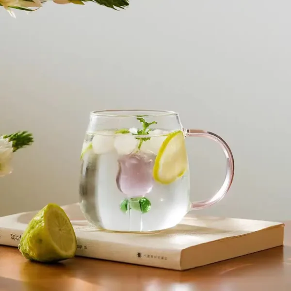 3D Rose  In Glass Cup Mug with Pink Handle High Borosilicate Heat-resistant Glass Cup Milk Coffee Glasses 6