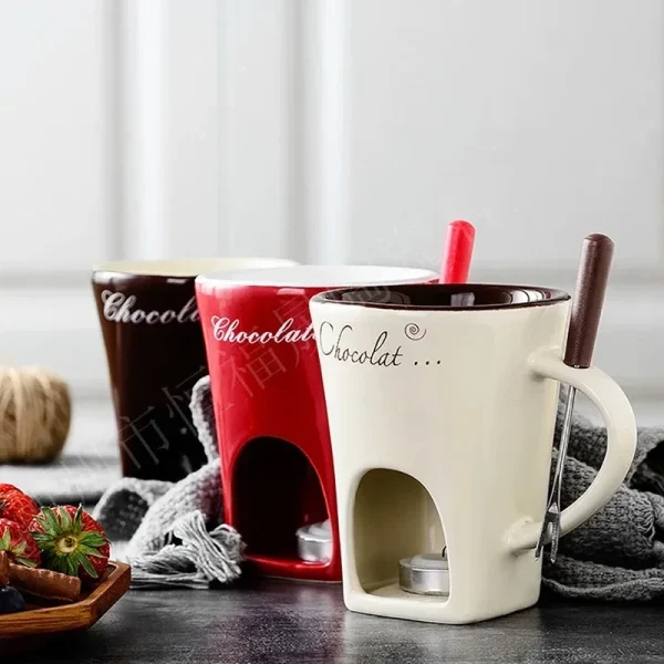 Ceramic Chocolate Cup European Candle Cup Cheese Chocolate Melting Ceramic Mug Heating Food Ceramic Mugwith Fork Creative Mugs 1