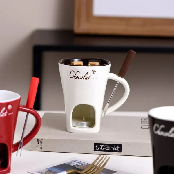 Ceramic Chocolate Cup European Candle Cup Cheese Chocolate Melting Ceramic Mug Heating Food Ceramic Mugwith Fork Creative Mugs 2
