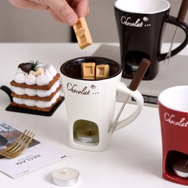Ceramic Chocolate Cup European Candle Cup Cheese Chocolate Melting Ceramic Mug Heating Food Ceramic Mugwith Fork Creative Mugs 3
