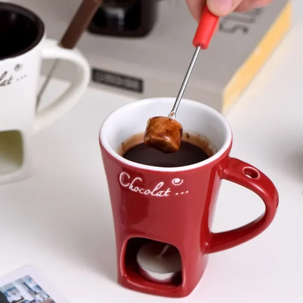 Ceramic Chocolate Cup European Candle Cup Cheese Chocolate Melting Ceramic Mug Heating Food Ceramic Mugwith Fork Creative Mugs 4