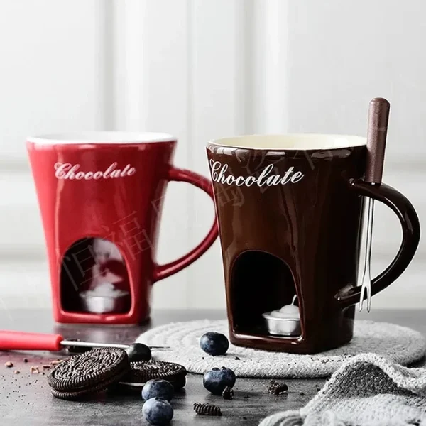 Ceramic Chocolate Cup European Candle Cup Cheese Chocolate Melting Ceramic Mug Heating Food Ceramic Mugwith Fork Creative Mugs 5