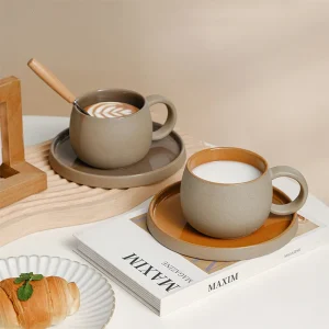 Pottery Mug For Latte Cappuccino Milk Juice Cocoa Cups With Dish 300ml 1