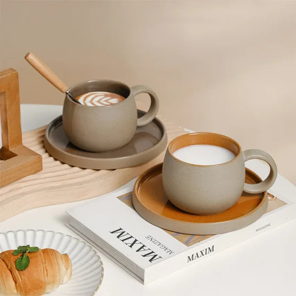 Pottery Mug For Latte Cappuccino Milk Juice Cocoa Cups With Dish 300ml 1