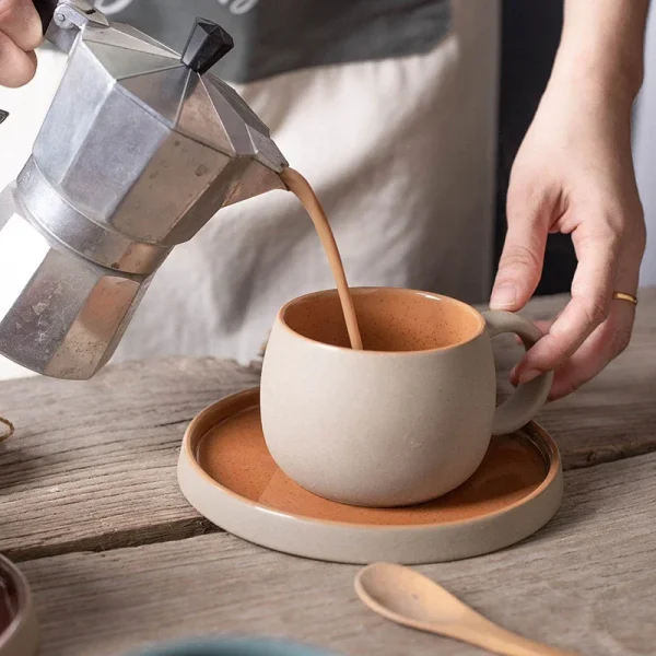 Pottery Mug For Latte Cappuccino Milk Juice Cocoa Cups With Dish 300ml 4