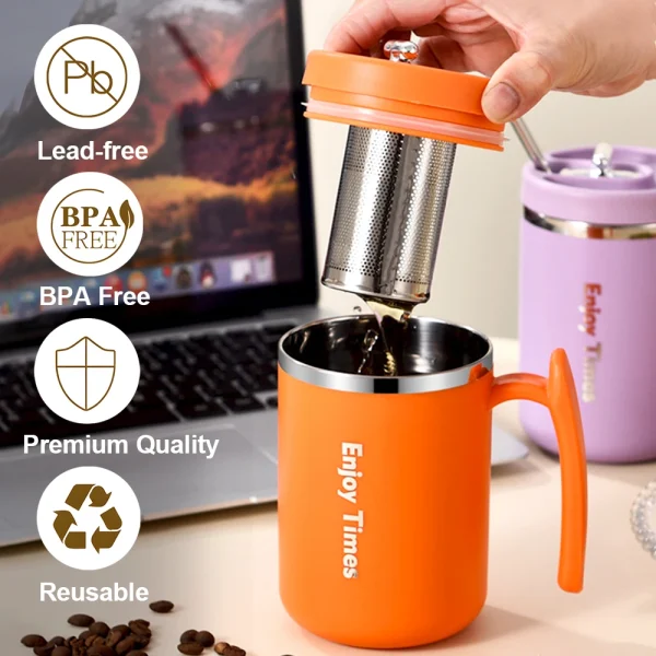 500ML Stainless Steel Coffee Mug With Handle Double Wall Insulated Coffee Cup With Lid And Tea Infuser Coffee Travel Mug Gifts 3