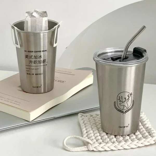 Stainless Steel Coffee Mug with Straw Lid Portable Coffee Cup Drinking Beer Milk Water Cup Restaurant Bar Party 500ml 1