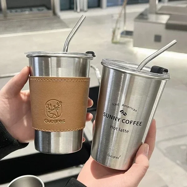 Stainless Steel Coffee Mug with Straw Lid Portable Coffee Cup Drinking Beer Milk Water Cup Restaurant Bar Party 500ml 2