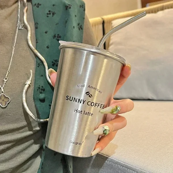 Stainless Steel Coffee Mug with Straw Lid Portable Coffee Cup Drinking Beer Milk Water Cup Restaurant Bar Party 500ml 3