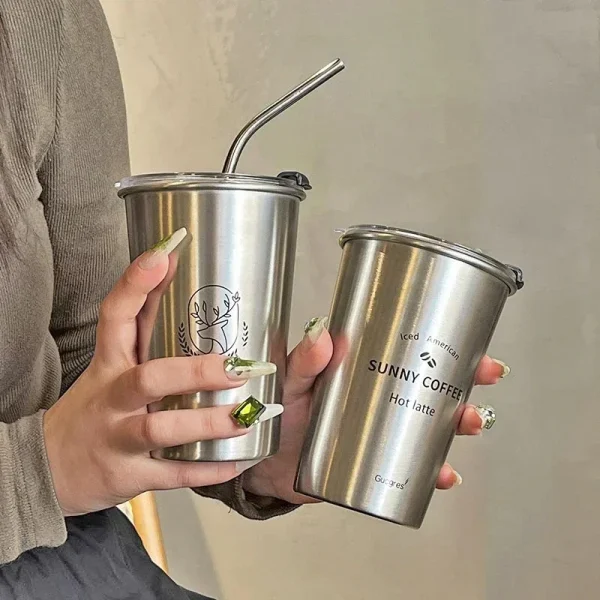 Stainless Steel Coffee Mug with Straw Lid Portable Coffee Cup Drinking Beer Milk Water Cup Restaurant Bar Party 500ml 4