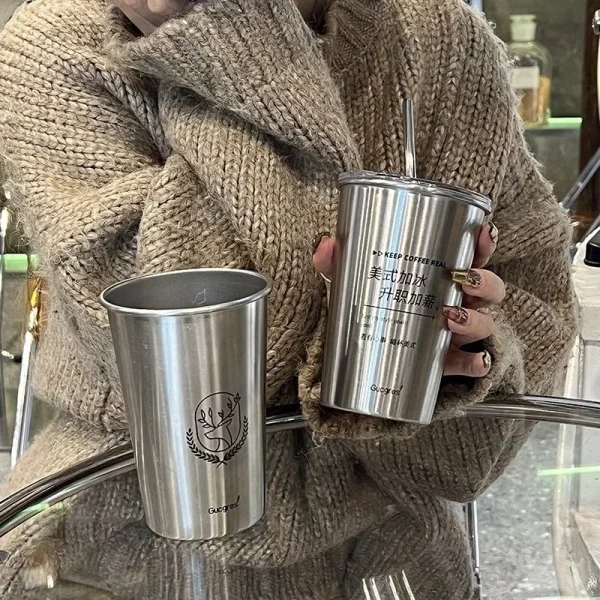 Stainless Steel Coffee Mug with Straw Lid Portable Coffee Cup Drinking Beer Milk Water Cup Restaurant Bar Party 500ml 5