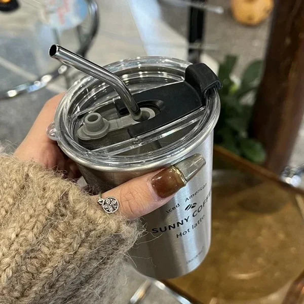Stainless Steel Coffee Mug with Straw Lid Portable Coffee Cup Drinking Beer Milk Water Cup Restaurant Bar Party 500ml 6