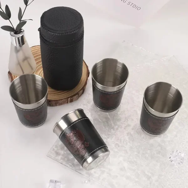 4Pcs/set Stainless Steel Shot Glasses with Leather Case Espresso Shot Cups Barware Drinking Vessel Camping Home Restaurant Mug 2