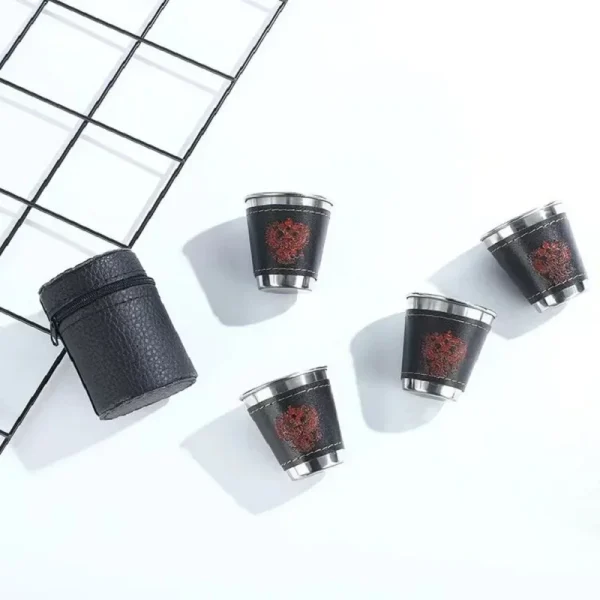 4Pcs/set Stainless Steel Shot Glasses with Leather Case Espresso Shot Cups Barware Drinking Vessel Camping Home Restaurant Mug 3