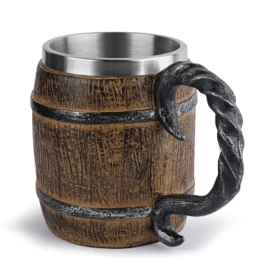 Stainless Steel Beer Mug Resin Stainless Steel Barrel Coffee Cup Viking Style Double Wall Beer Jug Drinkware Kitchen Supplies 1