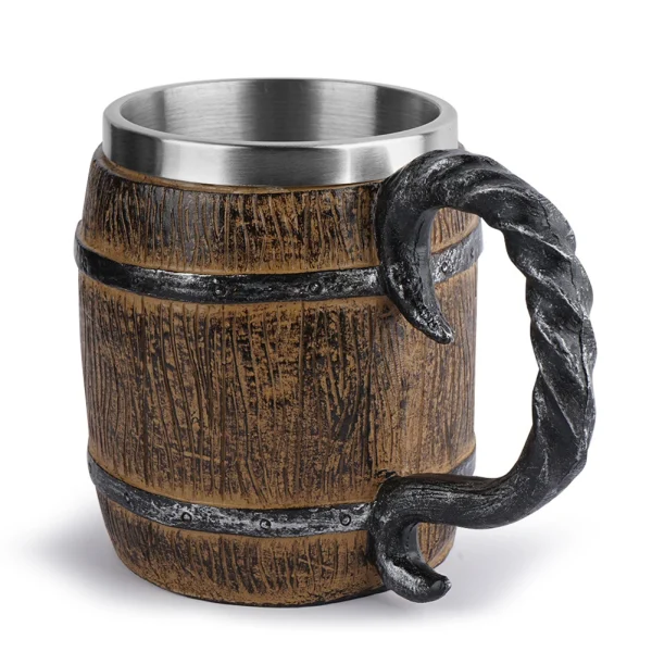 Stainless Steel Beer Mug Resin Stainless Steel Barrel Coffee Cup Viking Style Double Wall Beer Jug Drinkware Kitchen Supplies 1