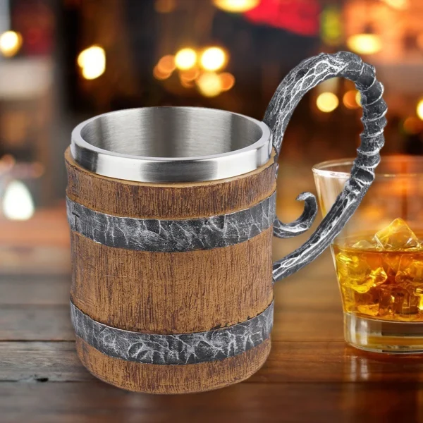 Stainless Steel Beer Mug Resin Stainless Steel Barrel Coffee Cup Viking Style Double Wall Beer Jug Drinkware Kitchen Supplies 2