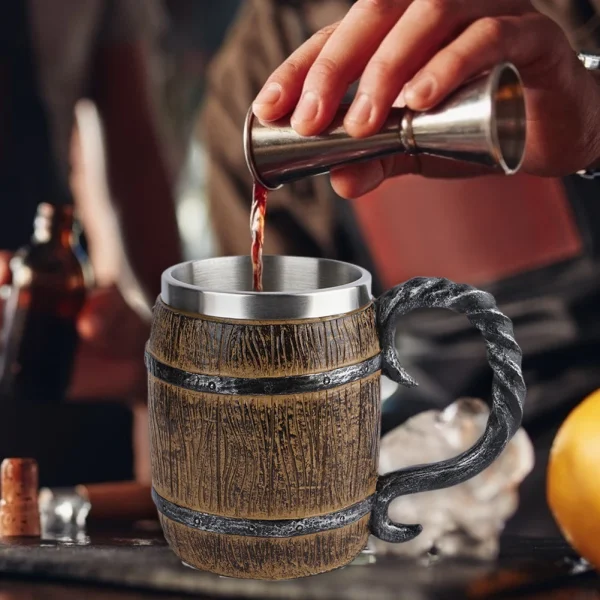 Stainless Steel Beer Mug Resin Stainless Steel Barrel Coffee Cup Viking Style Double Wall Beer Jug Drinkware Kitchen Supplies 3