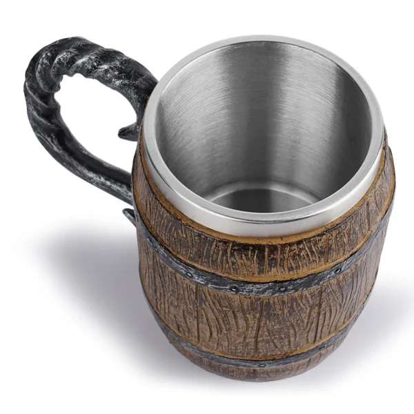 Stainless Steel Beer Mug Resin Stainless Steel Barrel Coffee Cup Viking Style Double Wall Beer Jug Drinkware Kitchen Supplies 4