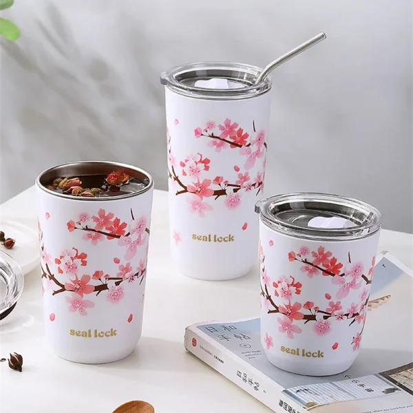 Stainless Steel Coffee Cup Cherry Blossom Pattern Thermal Mug with Lid Travel Mug Milk Tea Leak-Proof Double Wall Water cup 1