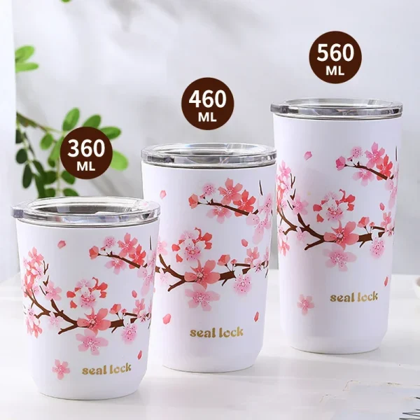 Stainless Steel Coffee Cup Cherry Blossom Pattern Thermal Mug with Lid Travel Mug Milk Tea Leak-Proof Double Wall Water cup 2
