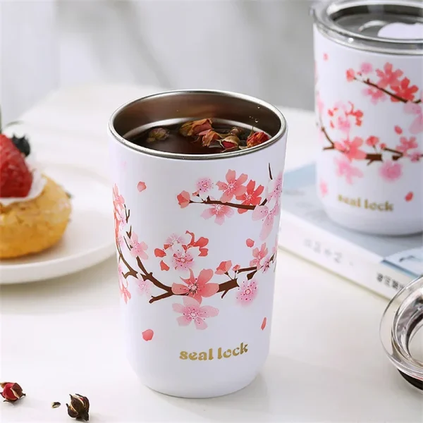 Stainless Steel Coffee Cup Cherry Blossom Pattern Thermal Mug with Lid Travel Mug Milk Tea Leak-Proof Double Wall Water cup 3