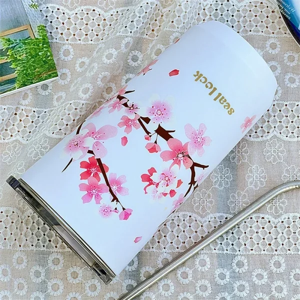 Stainless Steel Coffee Cup Cherry Blossom Pattern Thermal Mug with Lid Travel Mug Milk Tea Leak-Proof Double Wall Water cup 4