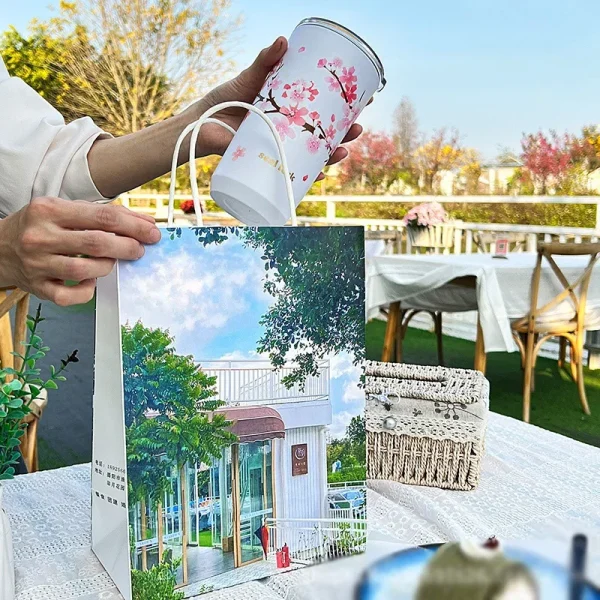 Stainless Steel Coffee Cup Cherry Blossom Pattern Thermal Mug with Lid Travel Mug Milk Tea Leak-Proof Double Wall Water cup 5
