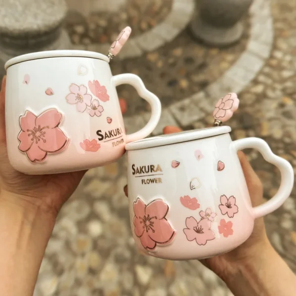 Japanese Pink Cherry Blossom Ceramic Mugs Coffee Cups Milk Breakfast Mug with Lid Spoon Water Cup Office Tea Cup 1