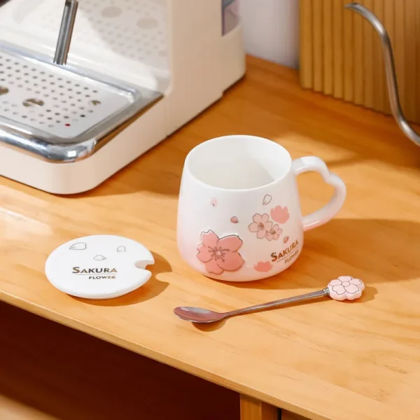 Japanese Pink Cherry Blossom Ceramic Mugs Coffee Cups Milk Breakfast Mug with Lid Spoon Water Cup Office Tea Cup 2