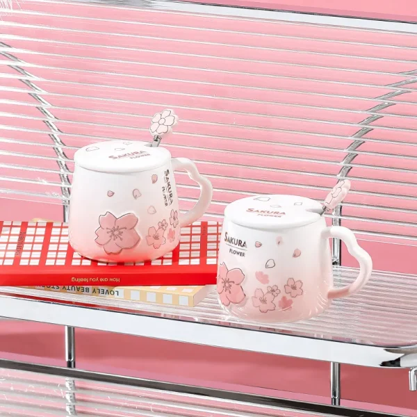 Japanese Pink Cherry Blossom Ceramic Mugs Coffee Cups Milk Breakfast Mug with Lid Spoon Water Cup Office Tea Cup 3