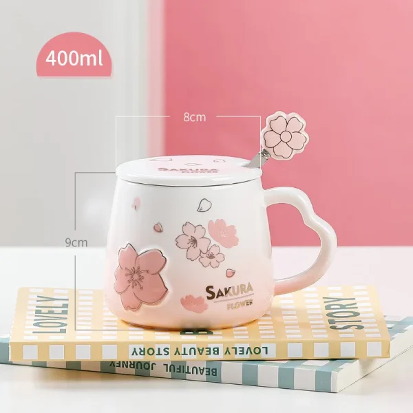 Japanese Pink Cherry Blossom Ceramic Mugs Coffee Cups Milk Breakfast Mug with Lid Spoon Water Cup Office Tea Cup 4